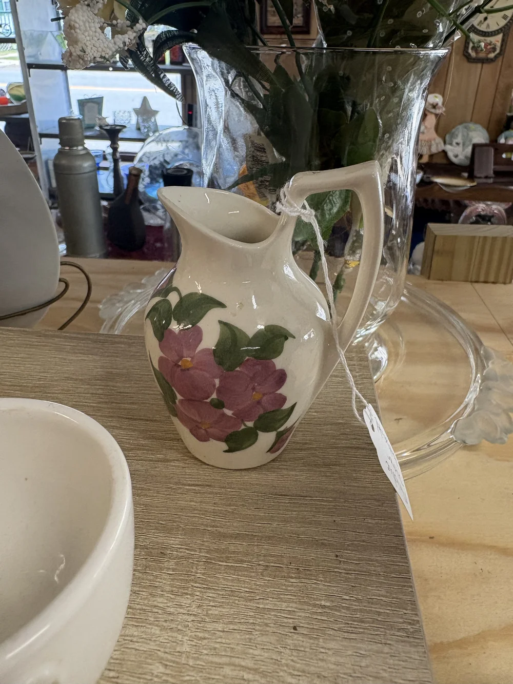 Hand-Painted Floral Ceramic Pitcher - Cream with Pink Flowers